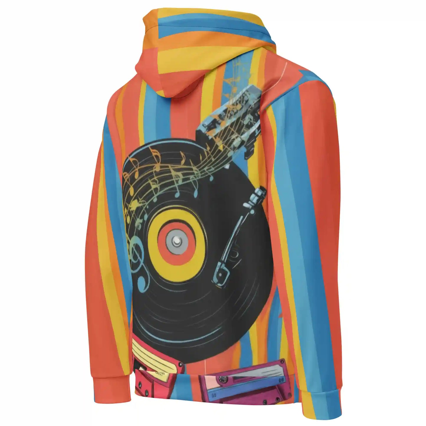 Three-quarter rear-right view of a retro music themed hoodie, displaying the colorful stripes and the turntable with cassette tape design on the back, on a plain white background.