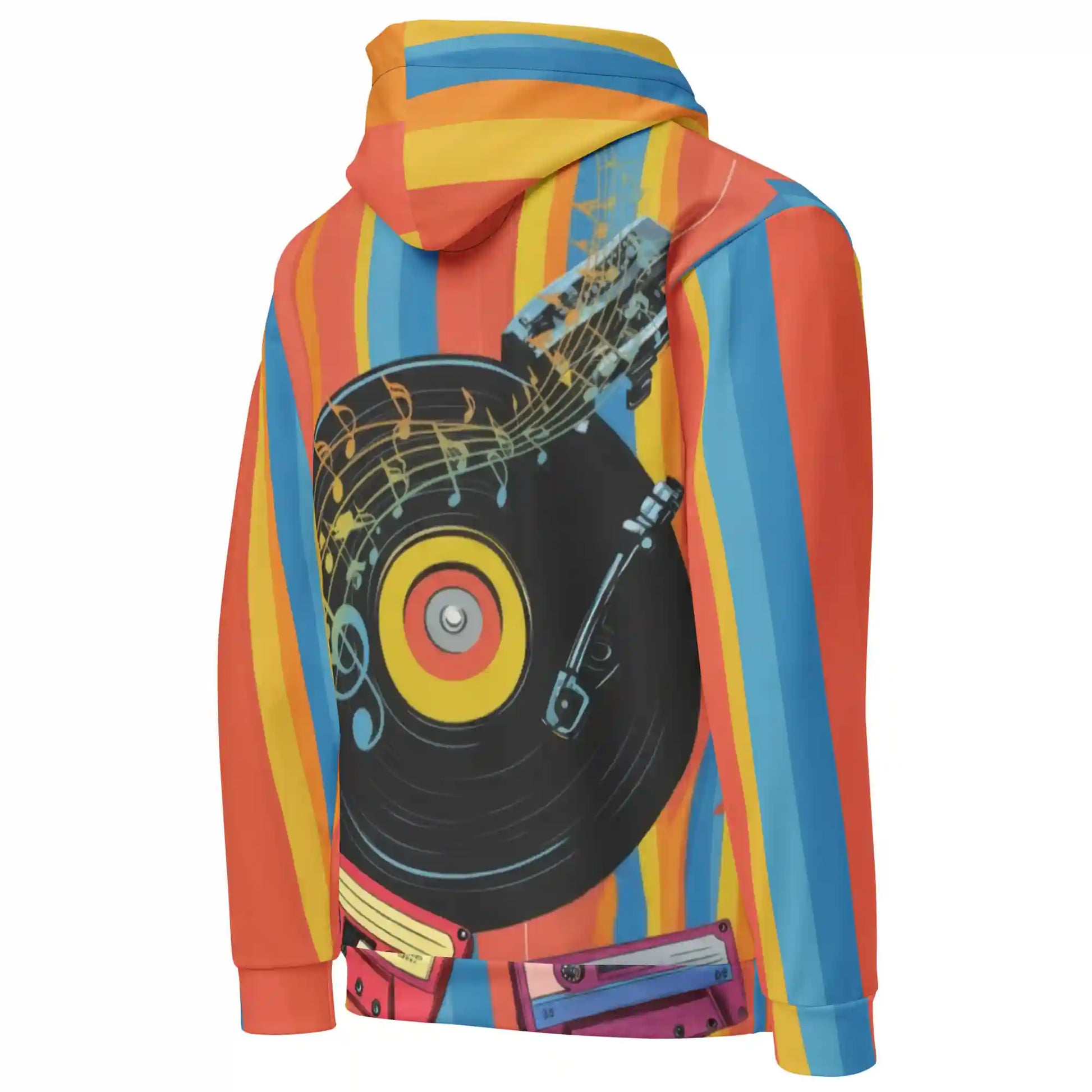Three-quarter rear-right view of a retro music themed hoodie, displaying the colorful stripes and the turntable with cassette tape design on the back, on a plain white background.