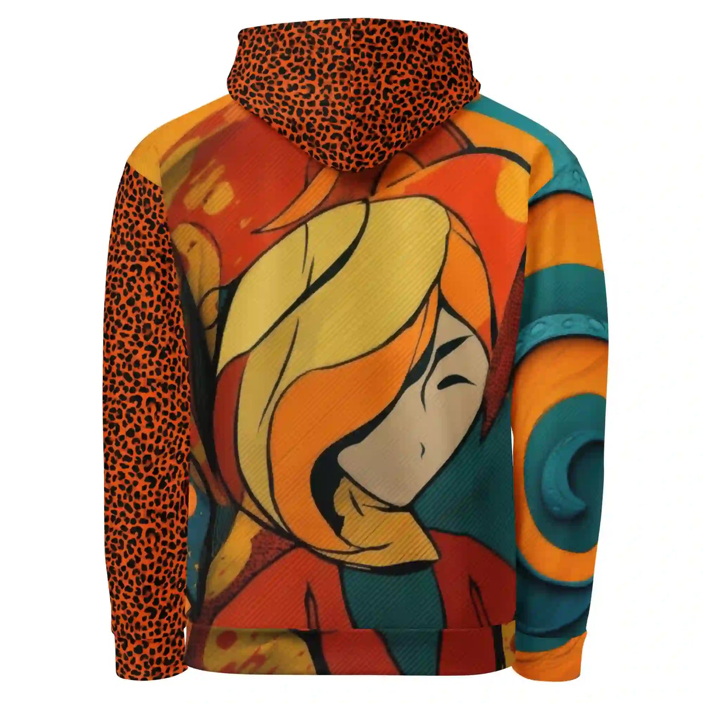 Back view of graphic hoodie featuring pop-art face in orange tones with teal swirls and leopard-print hood.