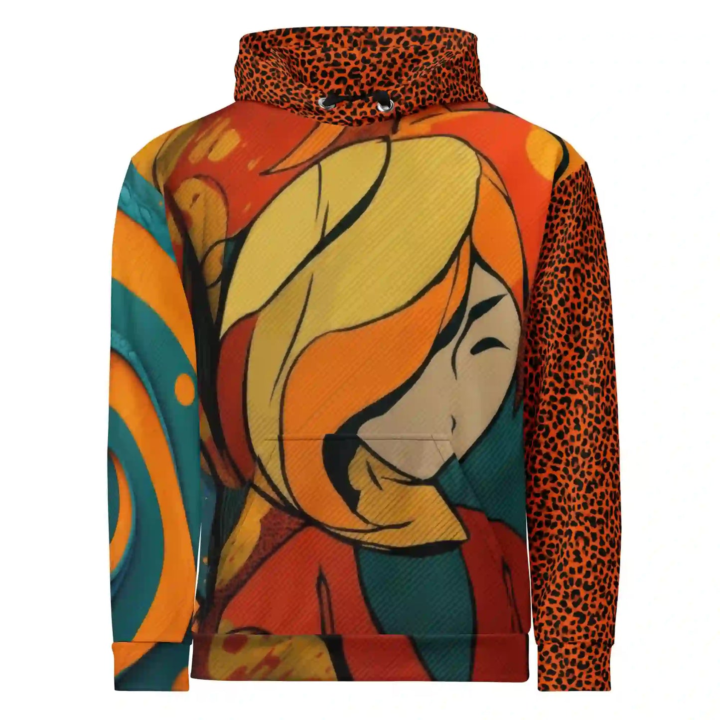 Front view of artistic hoodie with bold orange, teal, and yellow pop-art face design, leopard-print hood, and kangaroo pocket.