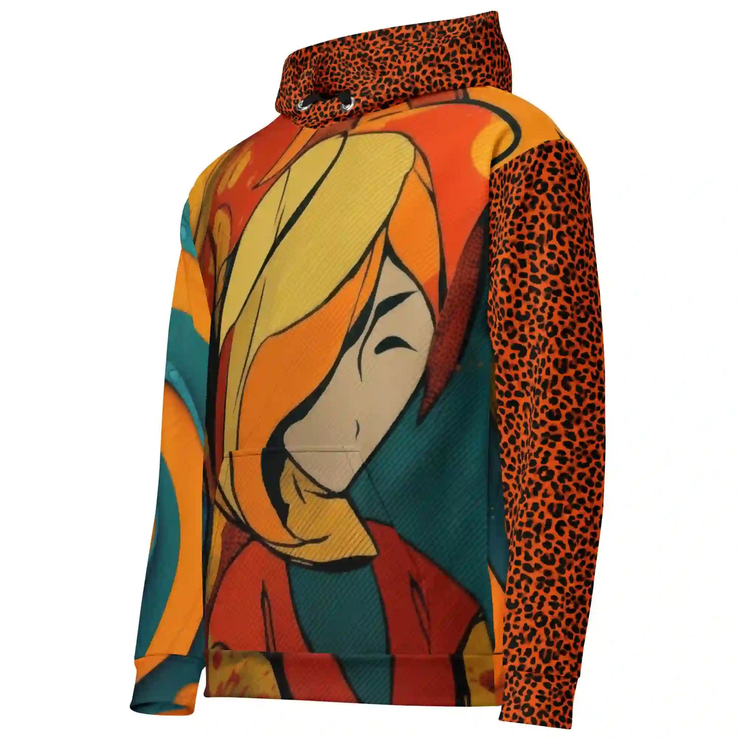 Left angled view of colorful hoodie showing pop-art portrait and leopard-print patterned sleeve.