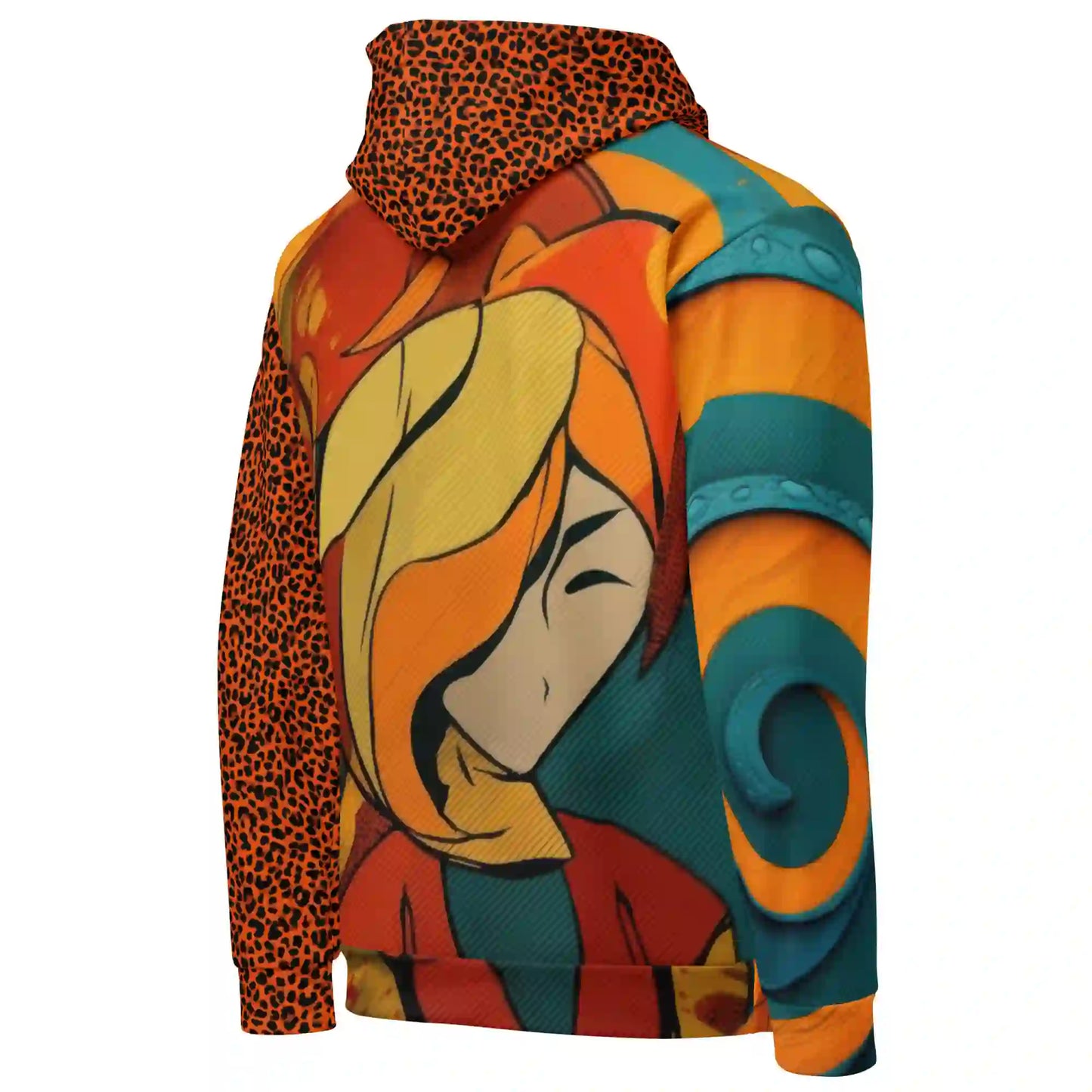 Right angled view of street-art inspired hoodie with graphic design and contrasting leopard sleeve.