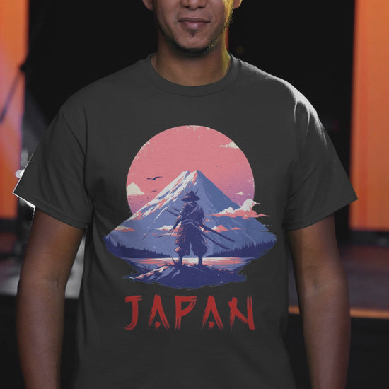 Konnichiwa, Nippon, Japan, Samurai, Mt Fuji, Samurai standing in front of Mt Fuji, Samurai Warrior, Japan tee, Samurai tee, Samurai clothing