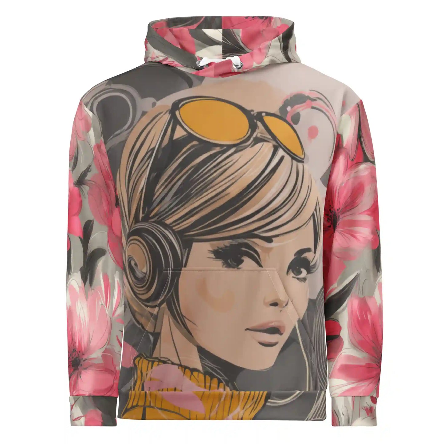 Front view of Retro Bloom Hoodie with bold portrait and pink floral sleeves