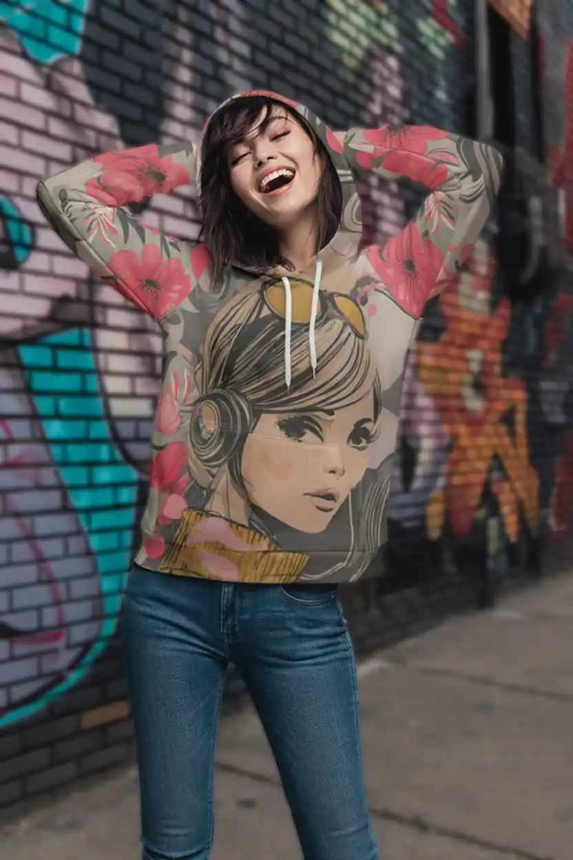 Model laughing in Retro Bloom Hoodie with street graffiti backdrop