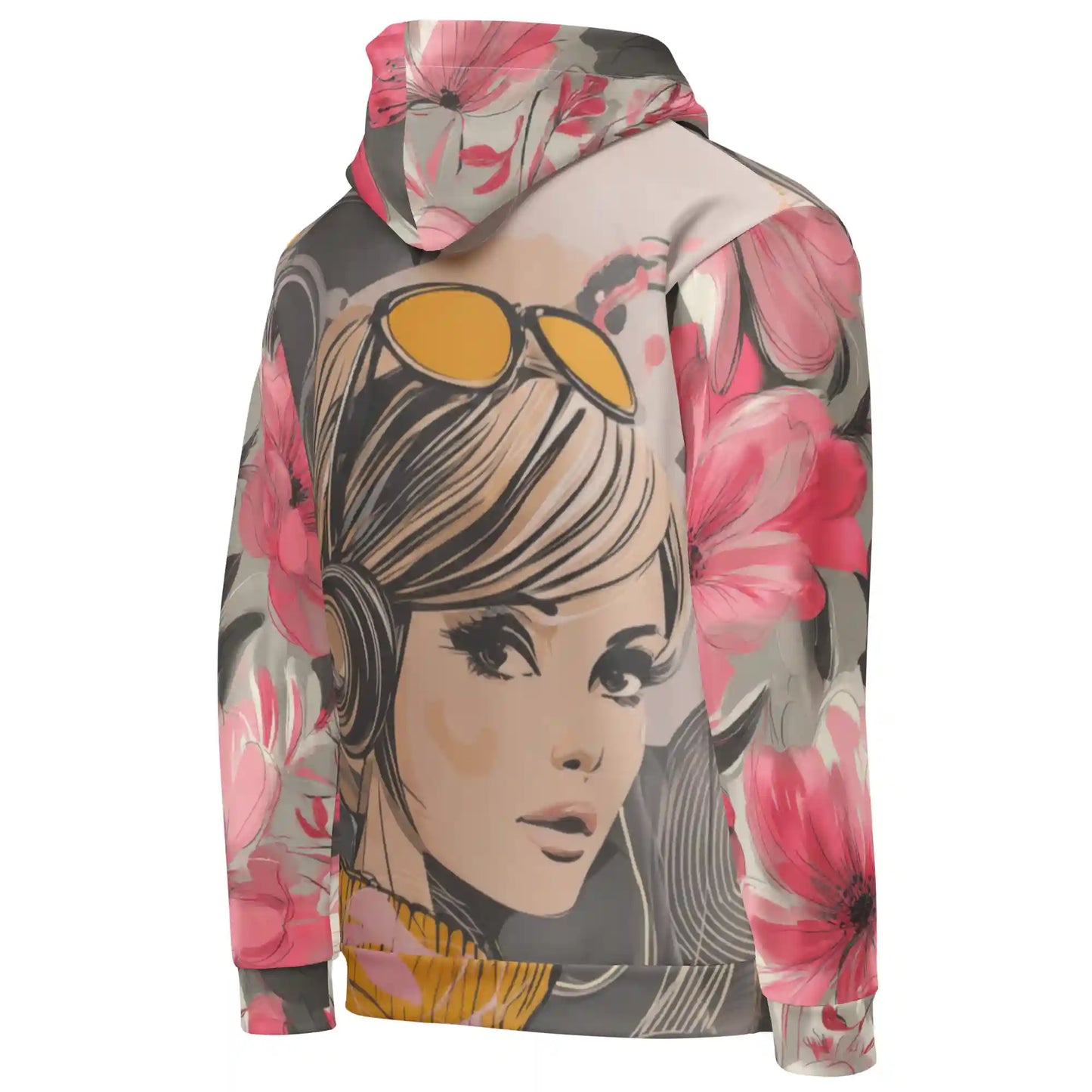 Angled back view showing full floral pattern and pop art illustration