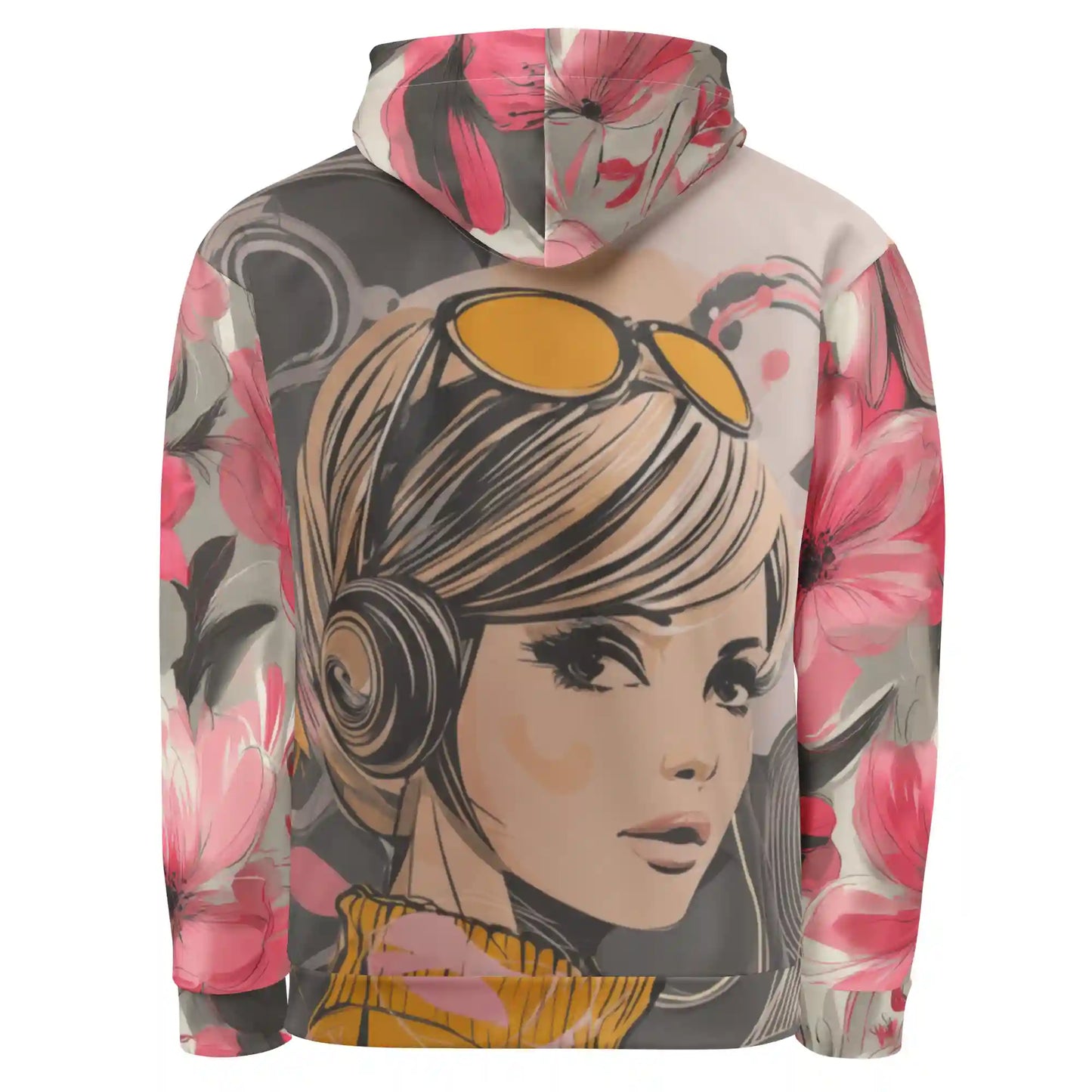 Back view of Retro Bloom Hoodie featuring a 60s-style pop art woman with sunglasses and floral background