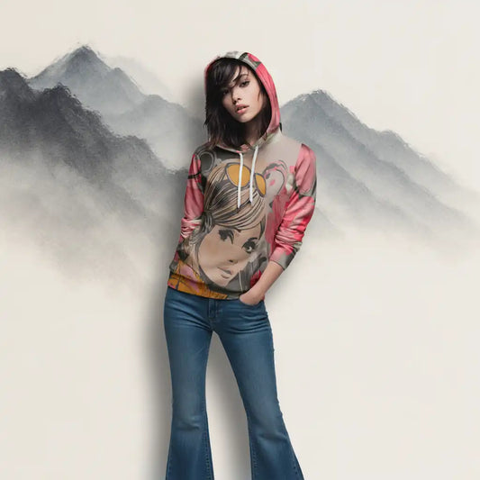 Model posing in Retro Bloom Hoodie against painted mountain background