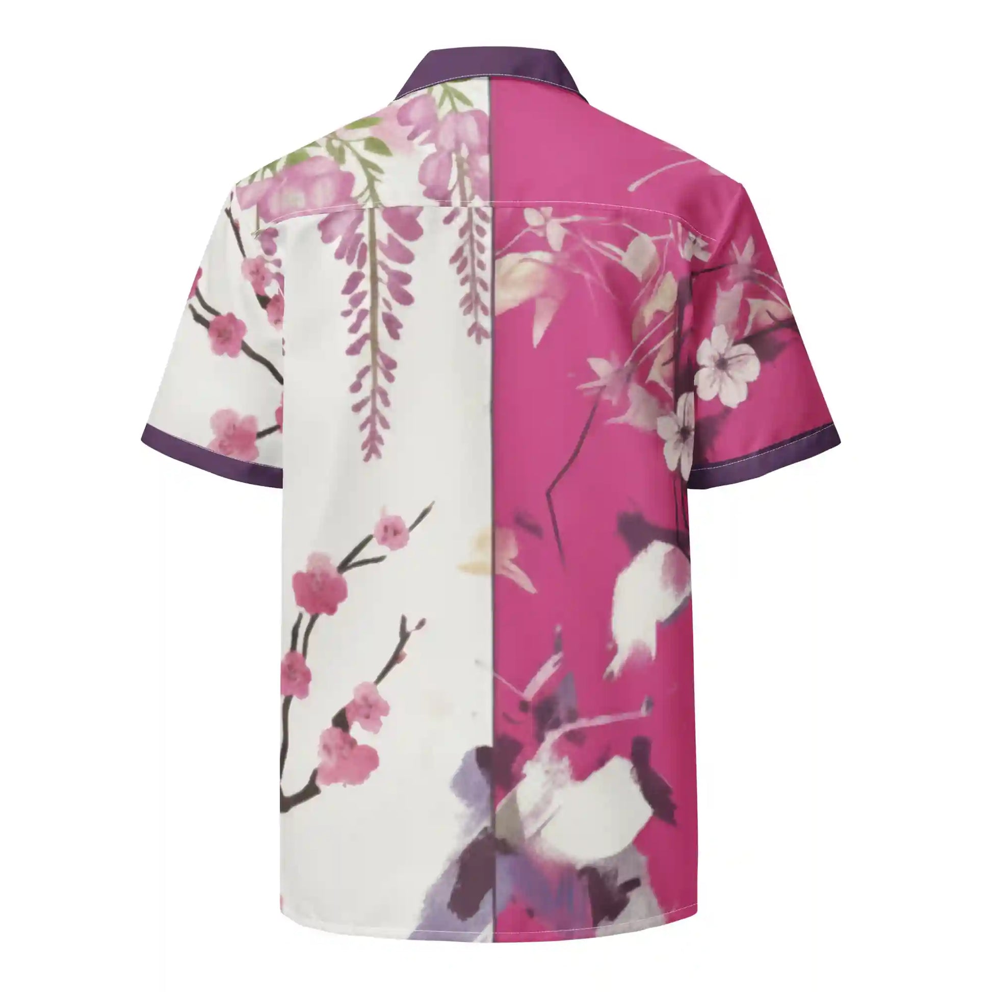 Back view of Sakura Reverie floral button shirt on ghost mannequin, showing seamless cherry blossom print across white and pink fabric.