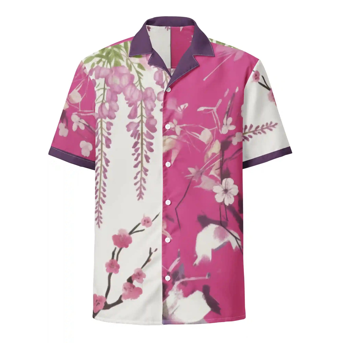 Front view of Sakura Reverie floral button shirt on ghost mannequin, with vibrant sakura-inspired pink and white design and plum collar.