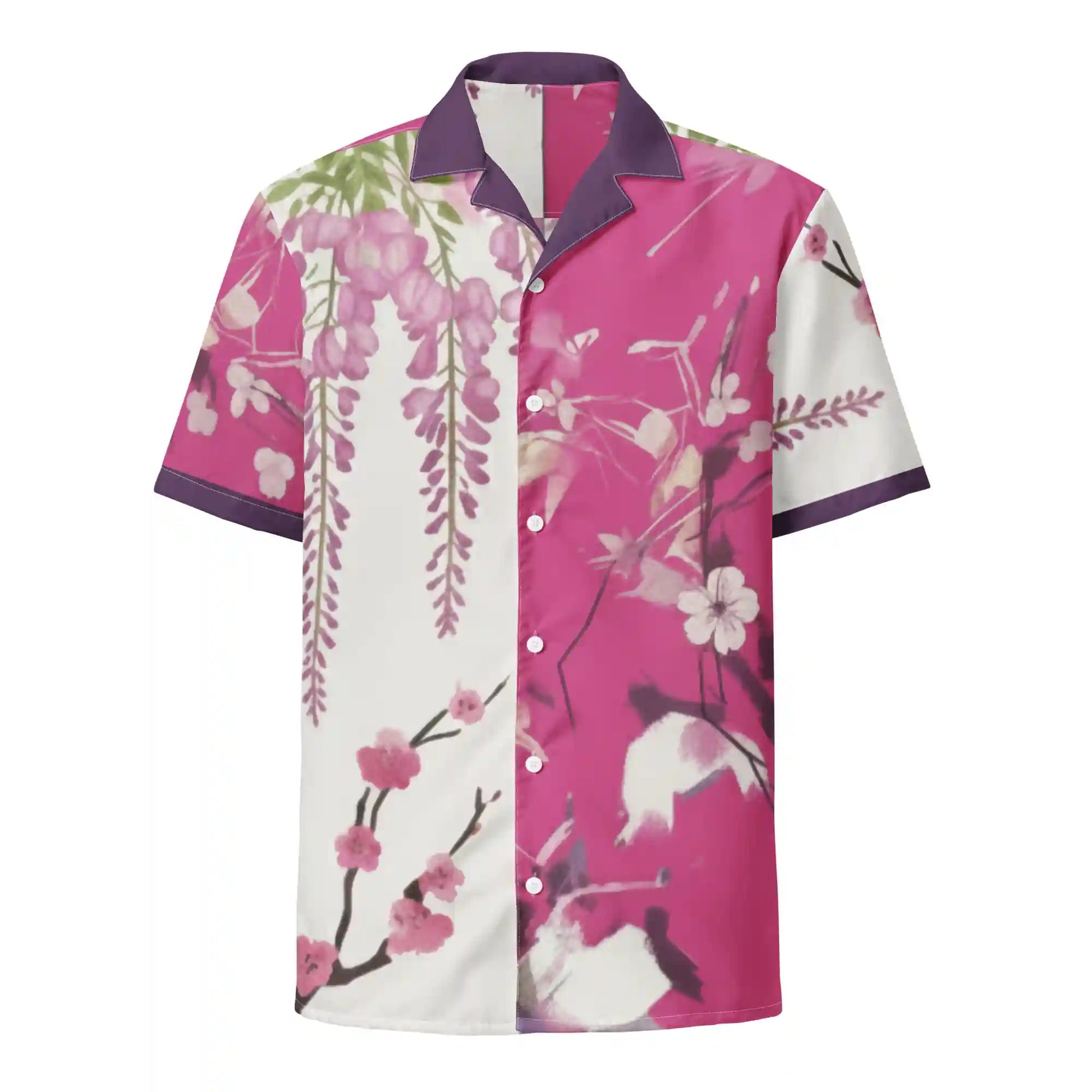 Front view of Sakura Reverie floral button shirt on ghost mannequin, with vibrant sakura-inspired pink and white design and plum collar.