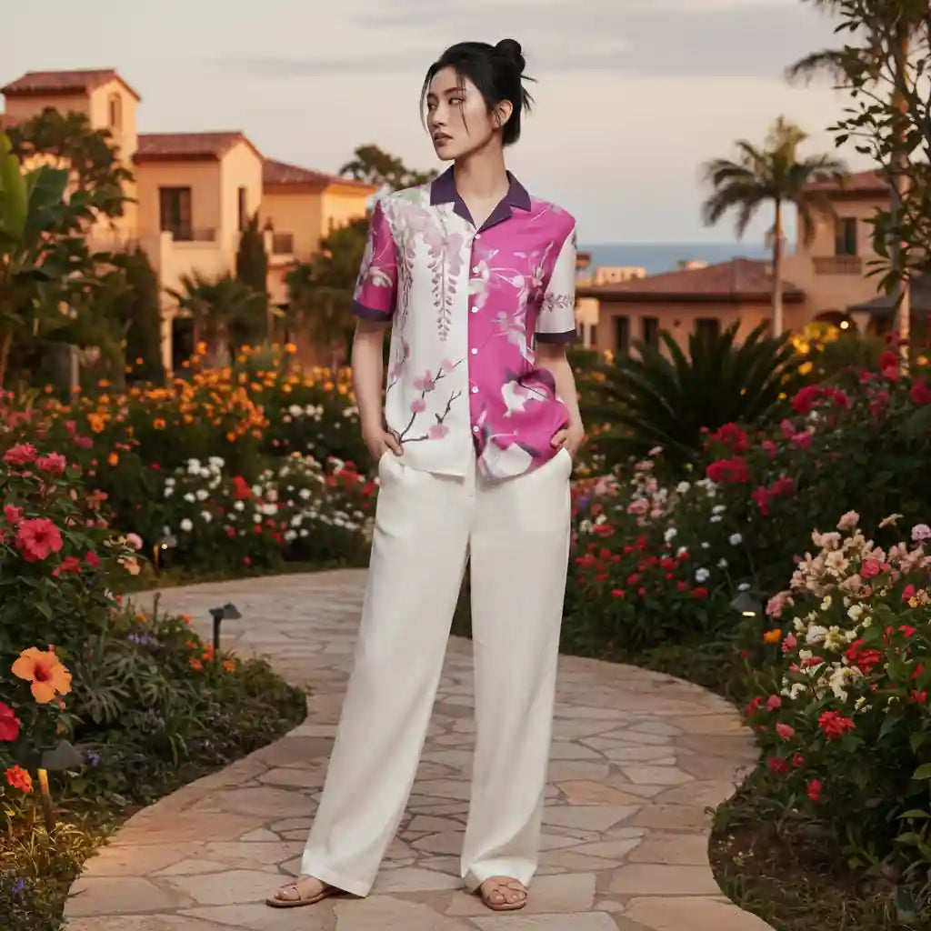 Lifestyle photo of woman wearing Sakura Reverie floral button shirt in garden setting with colorful flowers and elegant resort background.