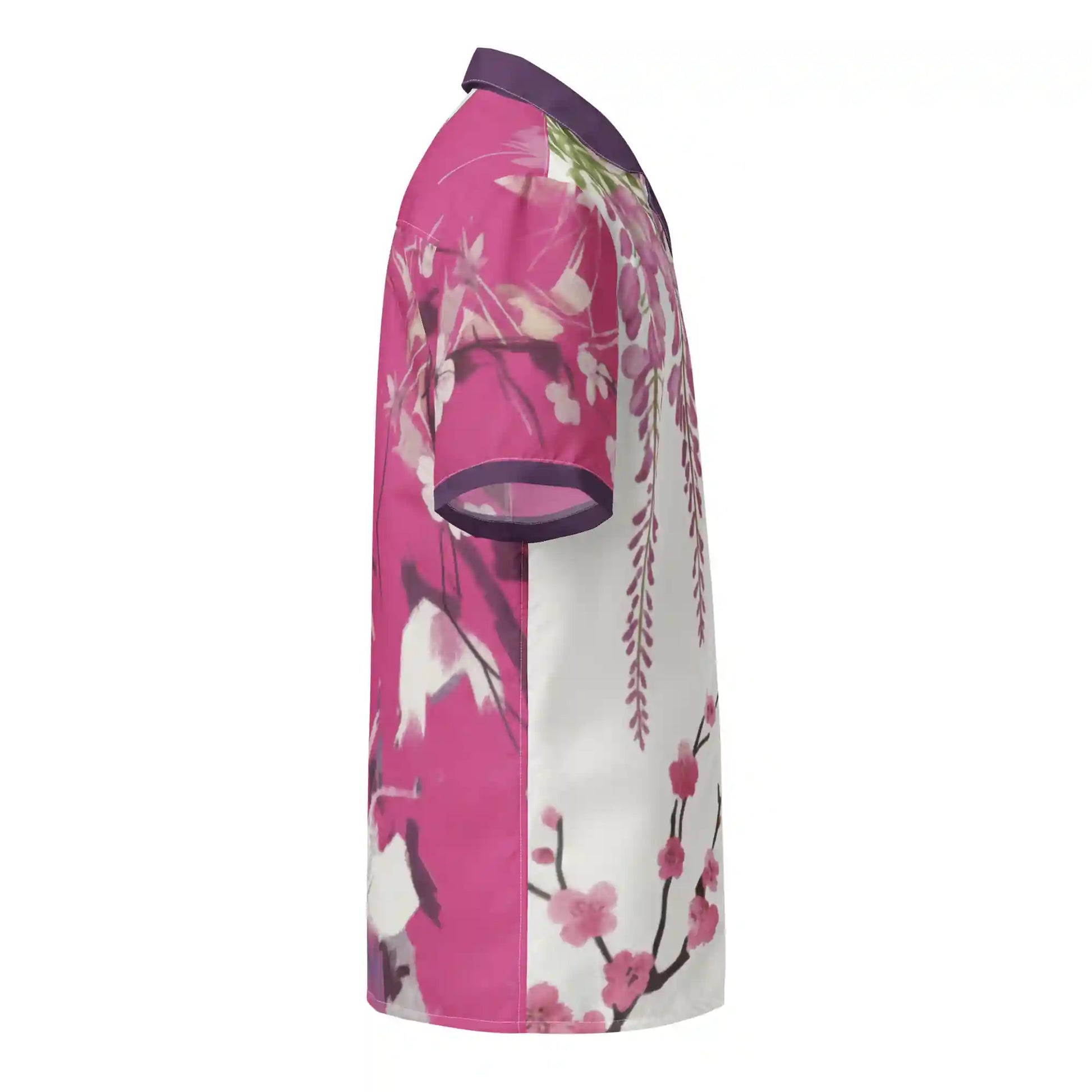 Right-side view of Sakura Reverie floral button shirt on ghost mannequin, with bold pink and white floral pattern continuing onto sleeve.