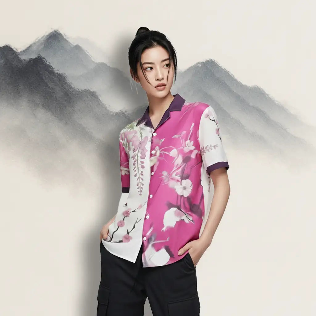 Model wearing Sakura Reverie floral button shirt against minimalist mountain backdrop, showcasing bold pink and plum blossom design.