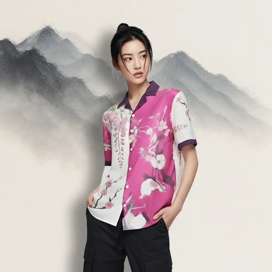 Model wearing Sakura Reverie floral button shirt against minimalist mountain backdrop, showcasing bold pink and plum blossom design.