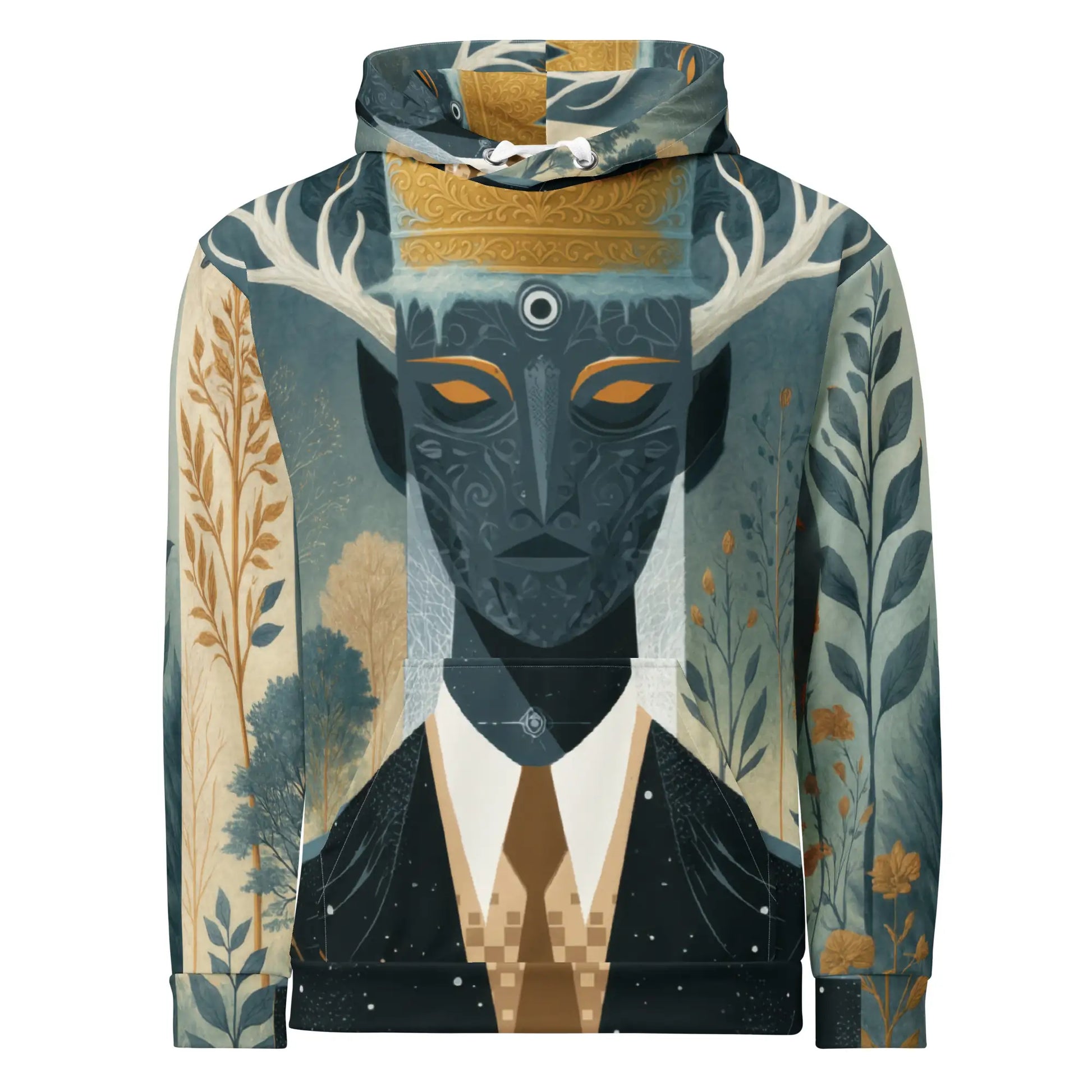 Ghost mannequin front view of The Antlered Dreamkeeper Hoodie showing the detailed horned mask design with gold and blue tones