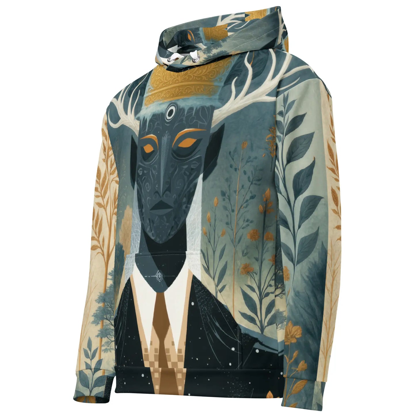 Angled front-left view of The Antlered Dreamkeeper Hoodie highlighting the artistic print and sleeve detailing