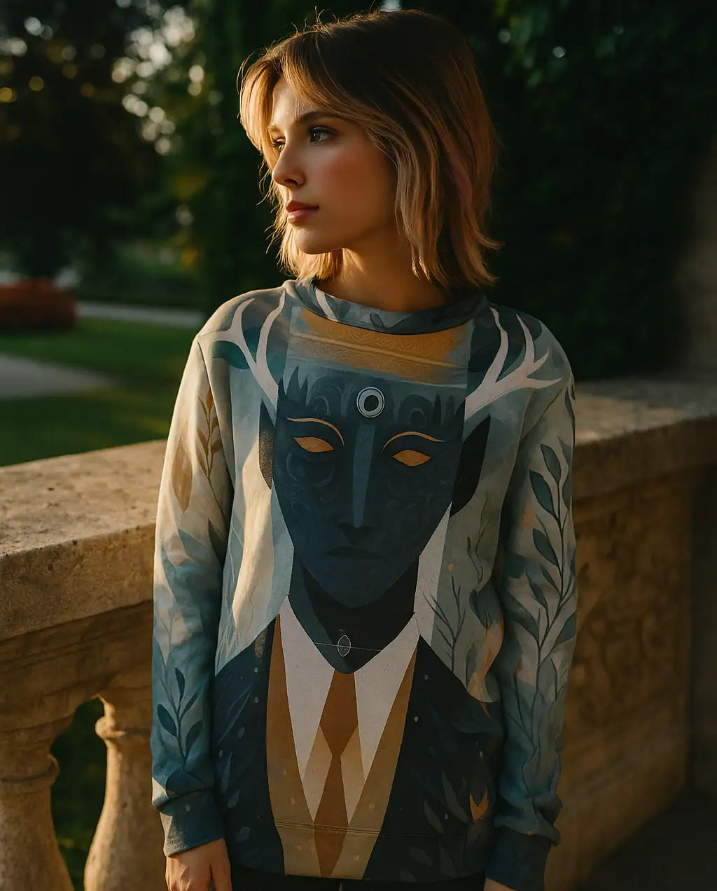 A woman wearing The Antlered Dreamkeeper Hoodie outdoors in warm evening light, standing by a stone wall surrounded by greenery