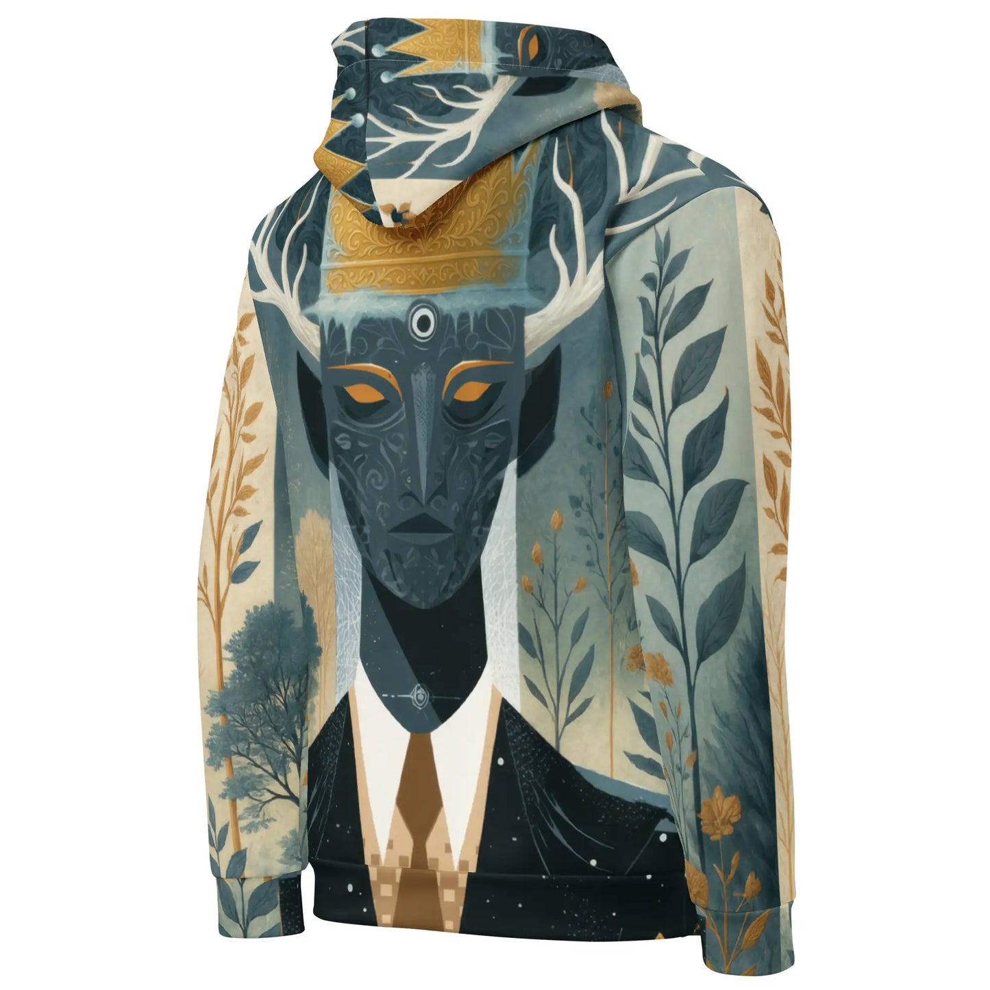 Angled back-right view of The Antlered Dreamkeeper Hoodie showing the continuous wraparound artwork and stitching