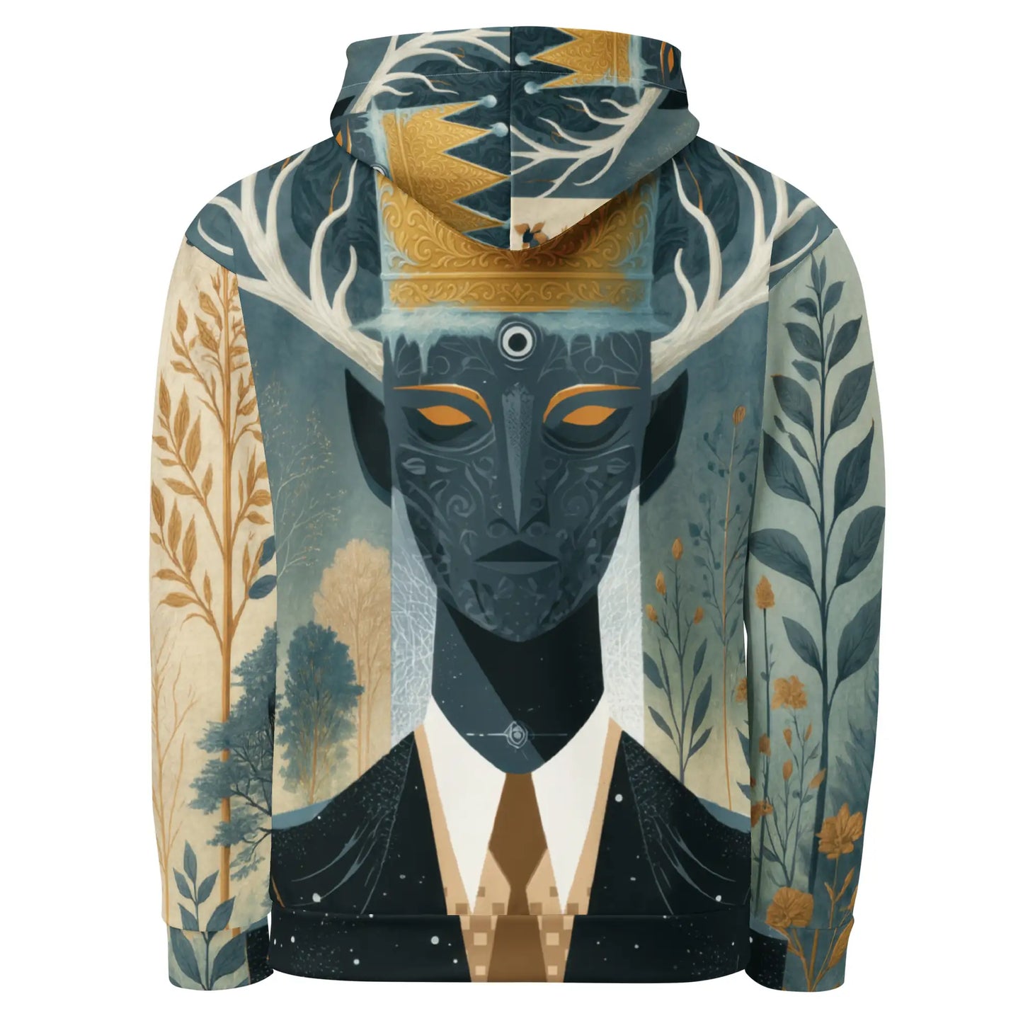 Ghost mannequin back view of The Antlered Dreamkeeper Hoodie showing the flowing abstract patterns continuing across the back