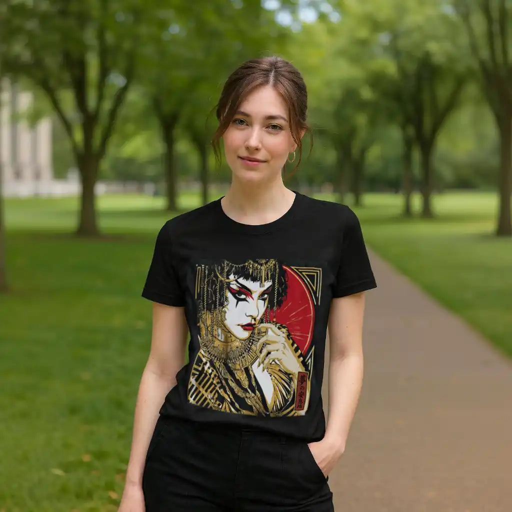 Woman wearing a black graphic T-shirt featuring gold and red kabuki-style artwork, standing in a sunlit park with trees and greenery in the background.